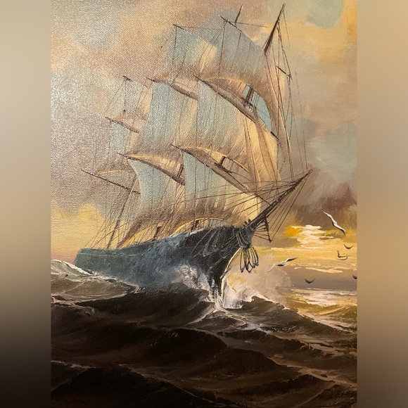 Art, seascape oil vintage painting, oil certified sailing ship art - Picture 10 of 11